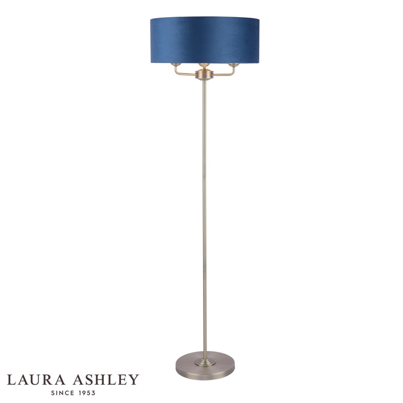 3 Light Floor Lamp - Antique Brass With Blue Shade